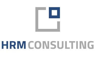 HRM CONSULTING GmbH Logo, blaue und graue Buchstaben sowie zwei Vierecke auf weißem Untergrund