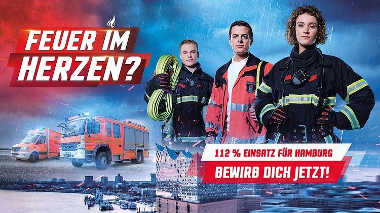  Grafik der Werbekampagne der Feuerwehr Hamburg - Feuer im Herzen - 112% Einsatz für Hamburg