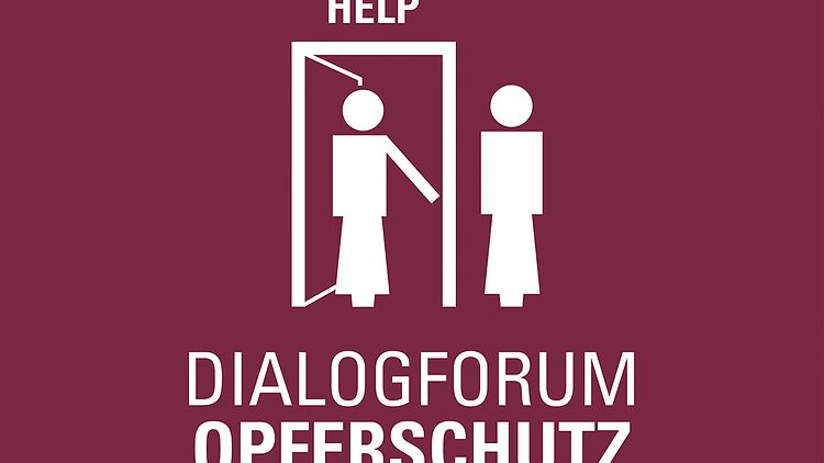 Piktogramm Dialogforum "Schutz von Frauen vor Gewalt in Unterkünften", eine Person öffnet einer anderen die Tür und bittet sie herein.