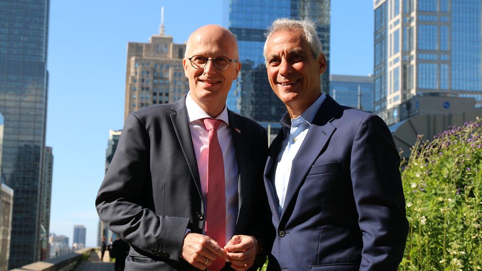 Bürgermeister Peter Tschentscher und Bürgermeister Rahm Emanuel in Chicago