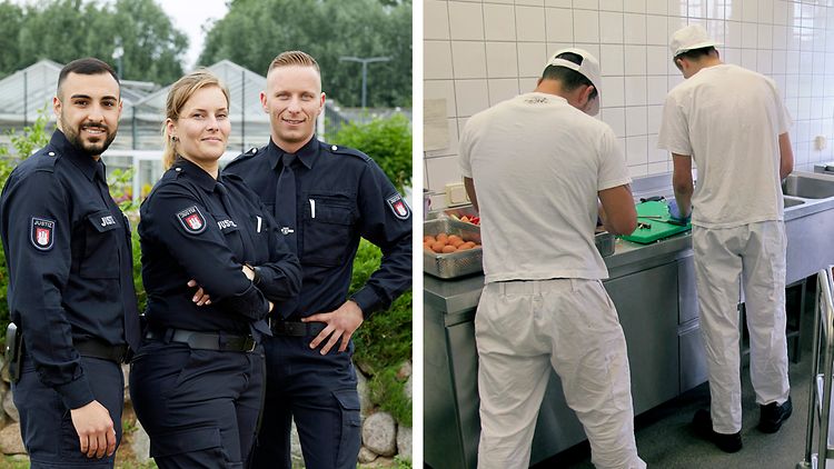  Links: eine Frau und zwei Männer haben eine Justiz-Uniform an und schauen in die Kamera. Rechts: Zwei Männer in weißer Kleidung stehen vor einer Gastronomie Küchentheke und schneiden Gemüse