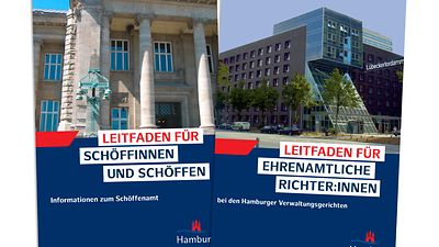  Titelbilder von zwei Leitfäden mit Überschrift und je einem Bild sowie Hamburg Logo
