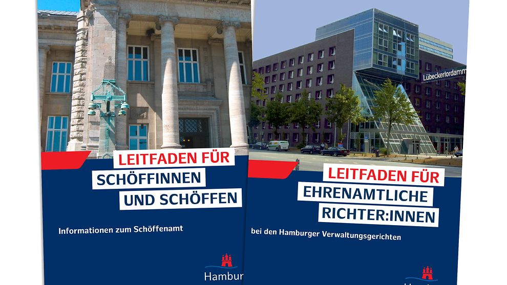Titelbilder von zwei Leitfäden mit Überschrift und je einem Bild sowie Hamburg Logo