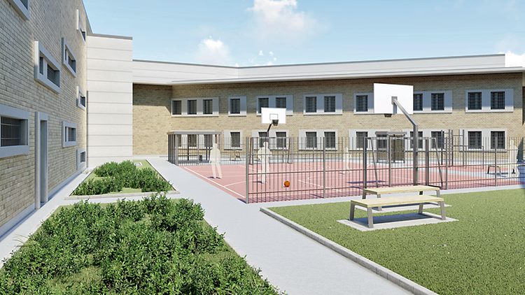  Eine 3D-Ansicht des Innenhofs mit einem Basketballplatz eines Gefängnisneubaus, welches sich noch in der Planung befindet. 