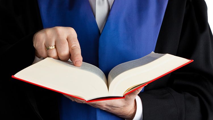  Ein offenes Buch wird in einer linken Hand gehalten. Der Zeigefinger der rechten Hand zeigt auf eine Zeile im Buch. Der Mann hat eine Robe an.