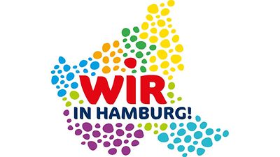  unterschiedlich große Punkte in verschiedenen Farben bilden den Umriss von Hamburg. Die unterschiedlichen Farben stehen für die Bezirke. In der Mitte steht der Schriftzug "Wir in Hamburg".