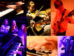  Verschiedene Schülerinnen und Schüler spielen an unterschiedlichen Musikinstrumenten: Klavier, Geige, Gitarre, E-Gitarre, Querflöte
