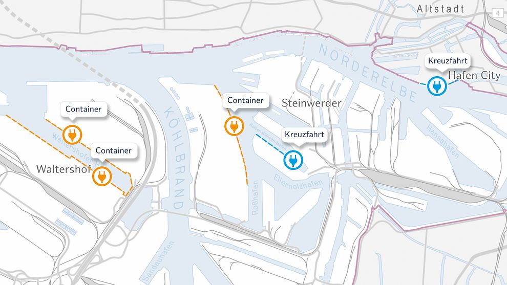 Neue Landstromanlagen für Kreuzfahrt- und Containerschiffe in Hamburg