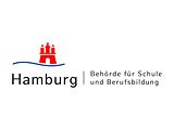  Logo der Behörde für Schule und Berufsbildung als Text und links daneben die Hammer Burg in rot mit einem blauen Strich, der wie eine Welle aussieht.