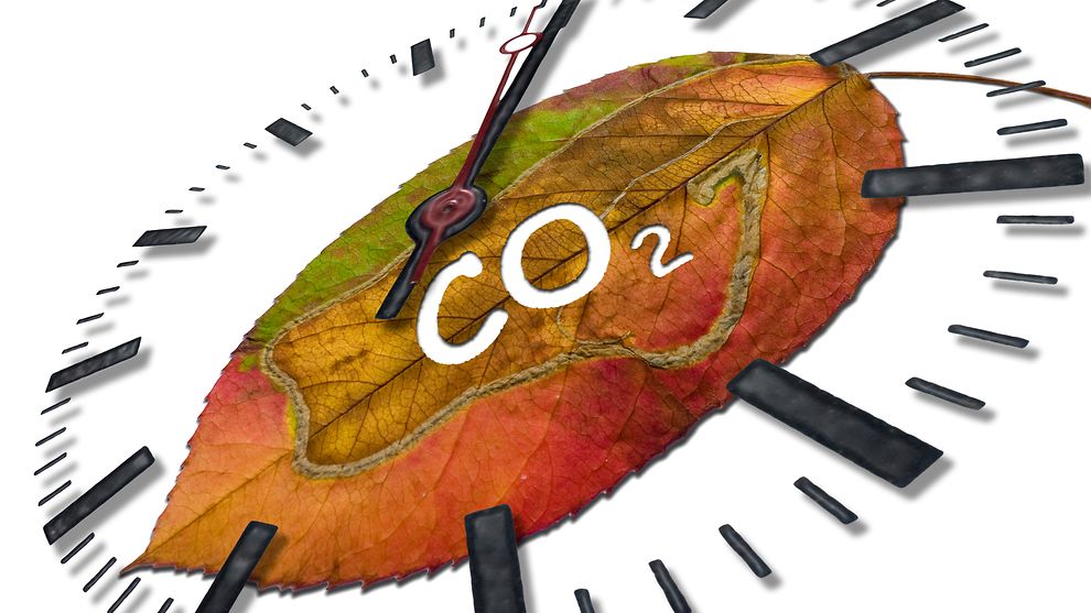 Symbolbild Klimaschutz, CO2 mit Uhr und Blatt