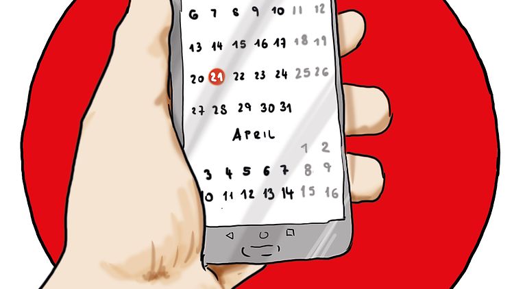 Eine Hand hält ein Smartphone auf einem Roten Kreis. Das Smartphone zeigt einen Kalender - Symbol für Termin vereinbaren