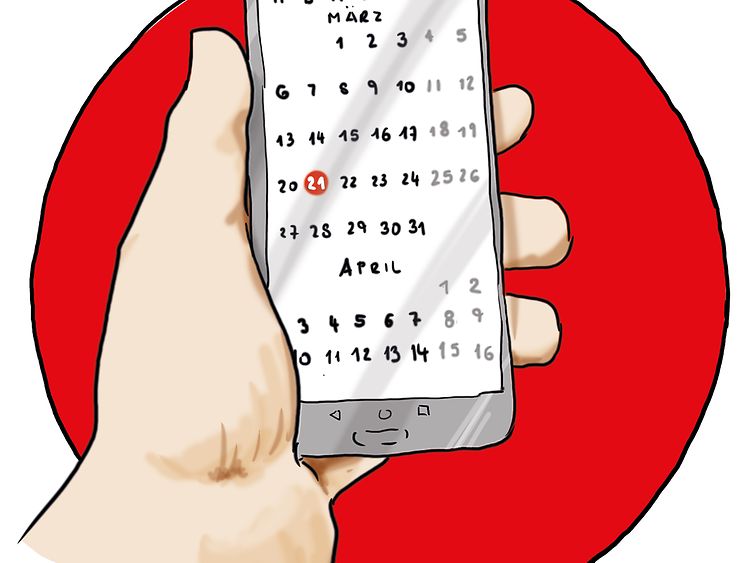  Eine Hand hält ein Smartphone auf einem Roten Kreis. Das Smartphone zeigt einen Kalender - Symbol für Termin vereinbaren