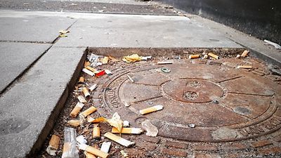  Foto des Projekts "Zigarettenstummel" - Zigarettenstummel liegen auf einem Gullydeckel