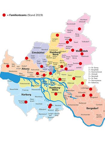 Hamburg Karte mit 26 roten Punkten, die die Standorte der Familienteams bezeichnen