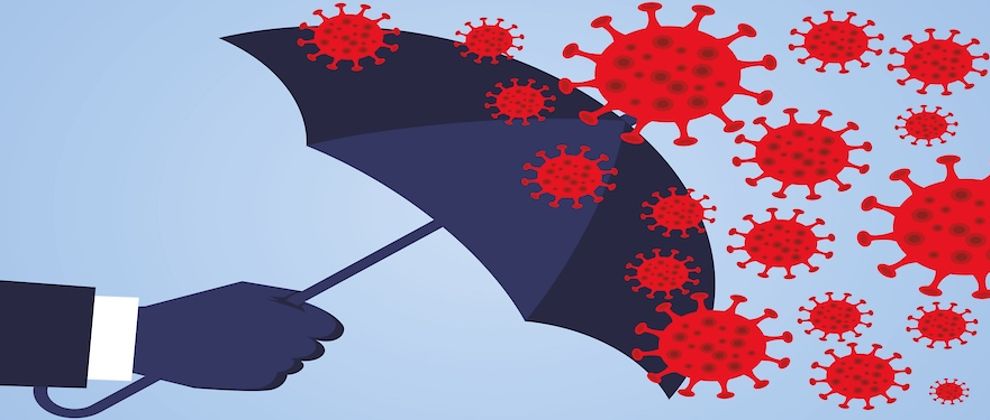 Grafik eines aufgespannten Regenschirmes, der vor Coronaviren schützt.