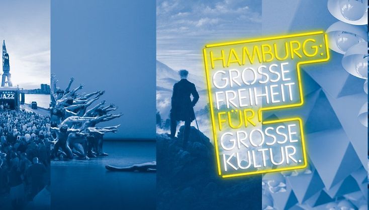 Eine Collage mit unterschiedlichen Motiven aus Hamburgs Kulturlandschaft wie z.B. der Elbphilharmonie oder der im Museum für Kunst und Gewerbe ausgestellten ehemaligen Spiegel-Kantine. 