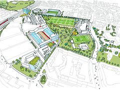  Zentrales Rahmenplangebiet mit Blick auf die neue grüne Mitte des Quartiers, den Lunapark, und die weiterführenden Grünverbindungen entlang der Landschaftsachse