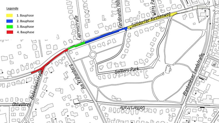  Karte mit farblich markierten Bauphasen der Strecke der Veloroute. 