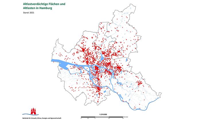 Karte, in der die Lage der Altlastverdächtigen Flächen und Altlasten in Hamburg grob als Punkte dargestellt wird