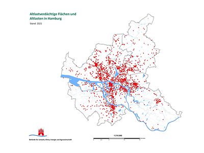  Karte, in der die Lage der Altlastverdächtigen Flächen und Altlasten in Hamburg grob als Punkte dargestellt wird