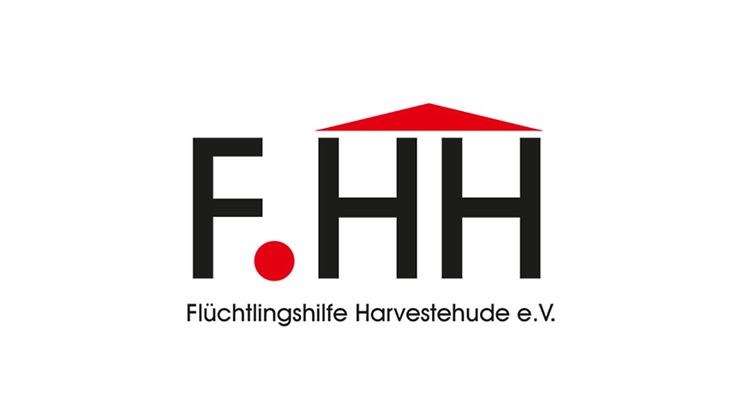 Das Logo besteht aus den Buchstaben F.HH, darunter steht Flüchtlingshilfe Harvestehude e.V. 