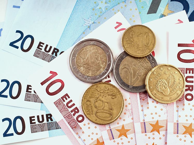  Mehrere Euro-Geldscheine und Münzen sind ausgebreitet zu sehen.