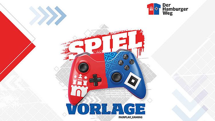  Ein Gamepad mit dem Hamburg-Logo auf der einen Seite und dem HSV-Logo auf der anderen Seite und dem Schriftzug "Spielvorlage".
