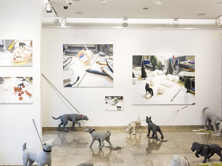  Die Installation Gruppendynamik von Maria und Natalia Petschatnikov im Innenraum der Gallerie zeigt Gemälde und davor verschiedene Plastiken von Hunden.