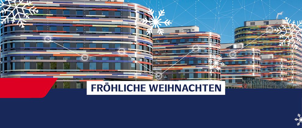 Weihnachtsbild des LGV 2020: Das LGV-Gebäude mit Schneeflocken und überlagertem digitalen Netz