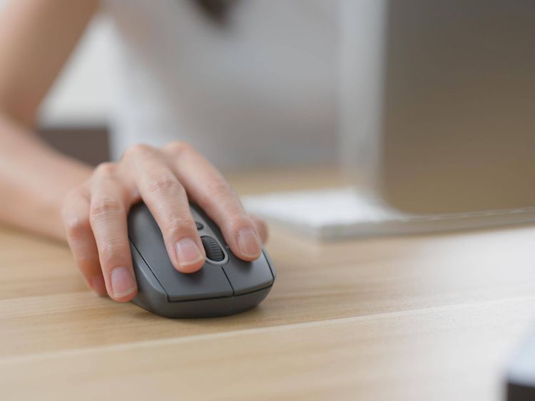  Person sitzt vor dem Bildschirm und bedient eine Computer-Maus.
