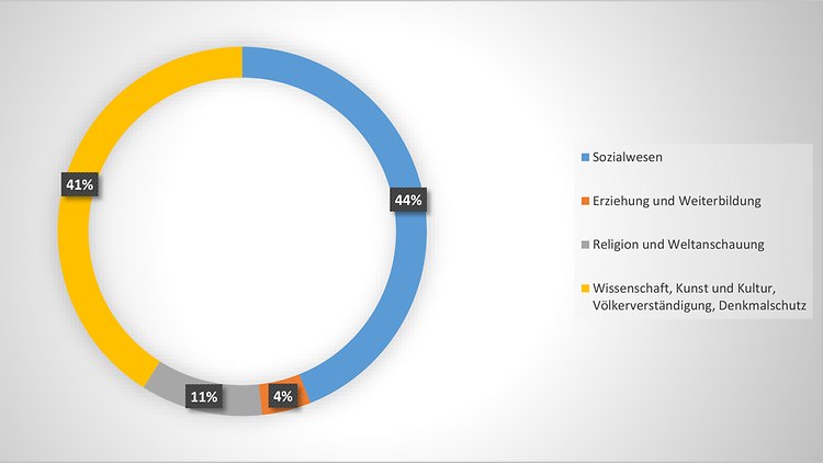  Ein Diagramm mit vier Bereichen: 44% Sozialwesen, 41% Wissenschaft sowie Kunst und Kultur, 11% Religion und Weltanschauung, 4% Erziehung und Weiterbildung