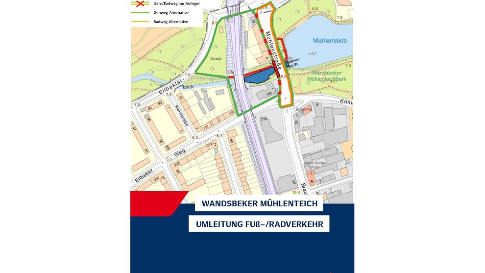 Arbeiten am Wandsbeker Mühlenteich - Umleitung Fußgänger- und Radverkehr