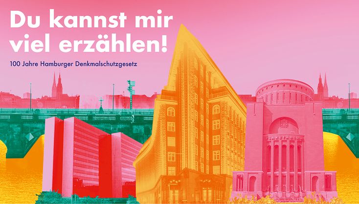 Bunte Collage aus Hamburgs Denkmälern, wie Chilehaus und Lombardsbrücke