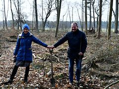  Zwei Personen stehen in einem Wald und halten zusammen eine Spaten in der Hand.