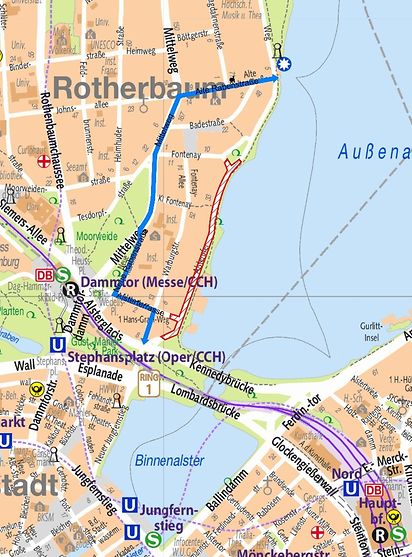 Stadtplan mit der Alster im Zentrum und den Umleitungen für Radfahrer an der Außenalster