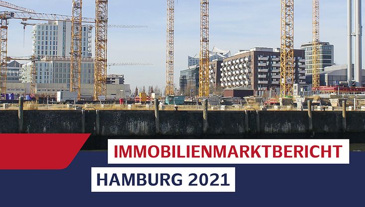 Titelbild des Immobilienmarktbericht 2021 mit Baukränen in der HafenCity