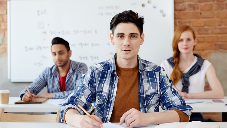 Ein Schüler sitzt im Vordergrund am Tisch mit Stift in der Hand, ein Schüler und eine Schülerin sitzen dahinter. An der Wand im Hintergrund ist ein Whiteboard zu sehen.