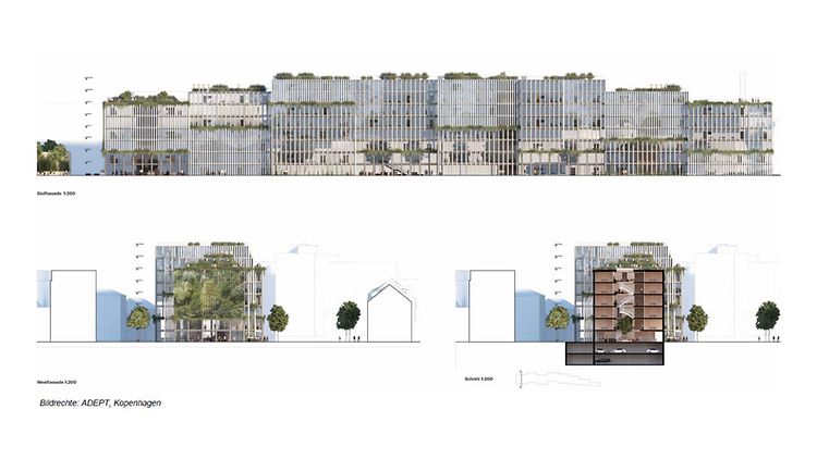 Visualisierung zum geplanten Büroneubau auf der Wandsbeker Zollinsel - Gebäudeansicht - Querschnitt