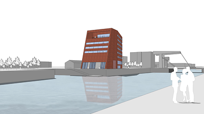  Das computeranimierte Modell des CML ist zu sehen. Ein großes rötliches Gebäude mit großen Fensterflächen steht am Lotsekanal im Hamburger Binnenhafen. . 
