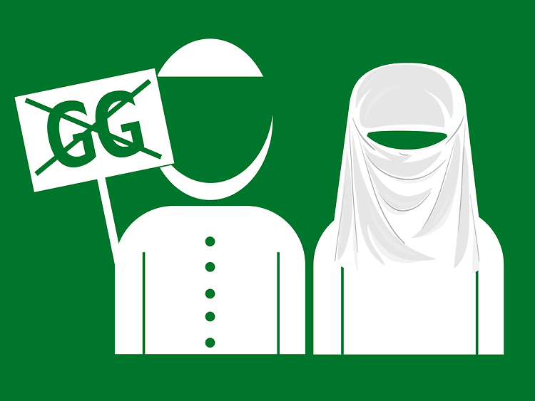  Grafik männlicher und weiblicher Salafiste mit Schild durchgestrichenes Grundgesetz