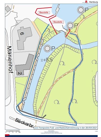Lageplan für die temporäre Sperrung der Brücke Wehranlage Poppenbütteler Schleuse