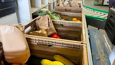  Kisten mit Obst und Gemüse befinden sich auf einem Fließband.