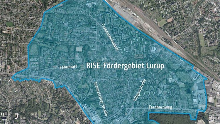  Eine Satellitenaufnahme des Hamburger Stadtteils Lurup. Das betreffende Gebiet ist blau eingefärbt und in weißer Schrift als "RISE-Fördergebiet Lurup" betitelt.