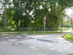  Aufnahme einer Fahrradstraße, welche von Bäumen umrandet ist.