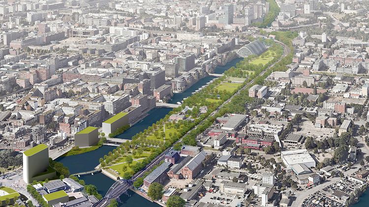 In einer Luftansicht der Stadt wird eine mögliche Umsetzung des Grünzugs visualisiert.