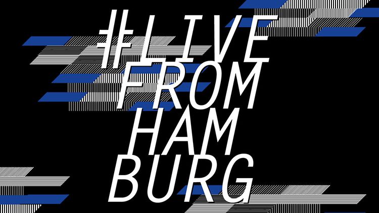  Das Visual von #LiveFromHamburg mit blau, grau schwarzem Hintergrund und weißer Schrift.