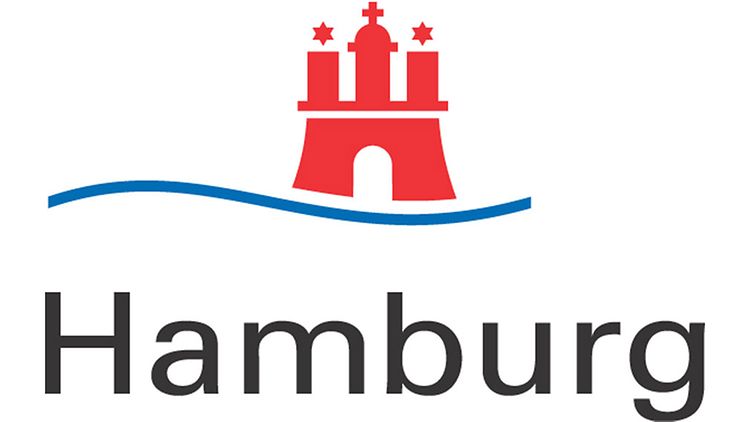  Das Logo zeigt den Schriftzug Hamburg, einen blauen gebogenen Strich und darüber das rote Stadtwappen.