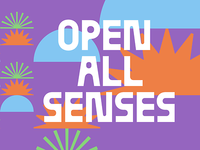  Eine Grafik mit dem Schriftzug "Open All Senses" in weiß auf lilanem Hintergrund und verschiedenen Symbolen in grün, hellblau und orange.