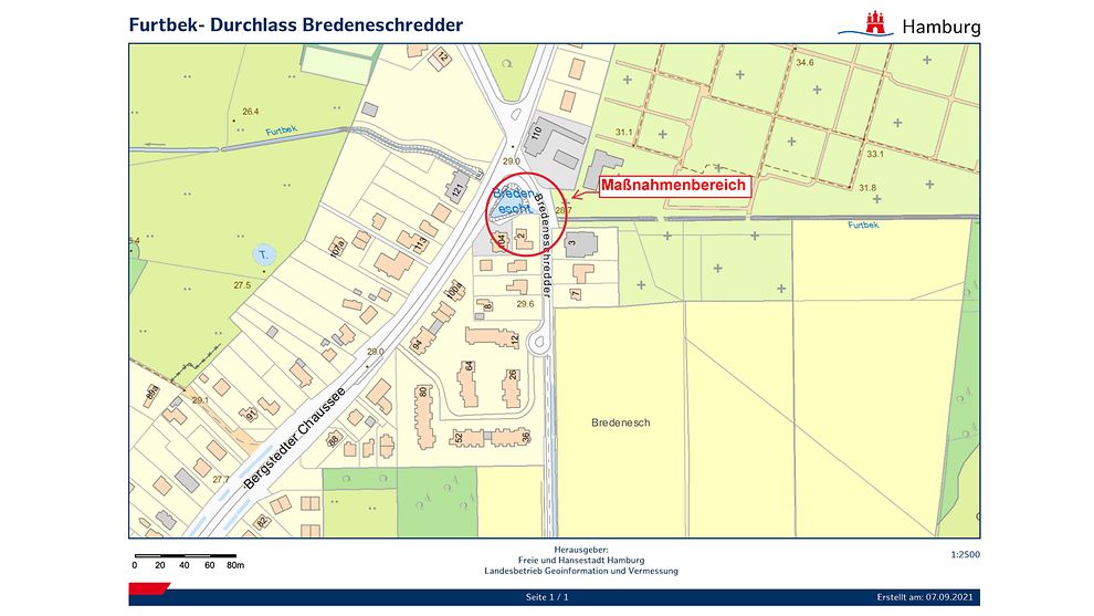 Karte zu den Bauarbeiten an der Furtbek - Durchlass Bredeneschredder