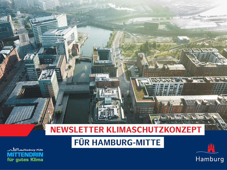  Eine Illustration des Newsletter für das Klimaschutzkonzept Hamburg-Mitte mit einer Stadtaufnahme aus der Vogelperspektive.